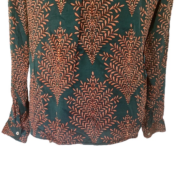 Esqualo Dark Green Cognac Lead Print Satin Button Down Blouse - 10 - Picture 8 of 12